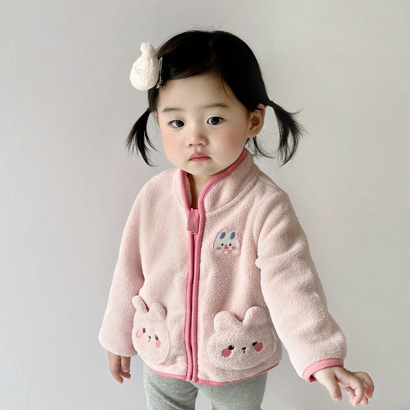 Veste polaire bébé fille à poches lapins — zippée, rose ou lilas