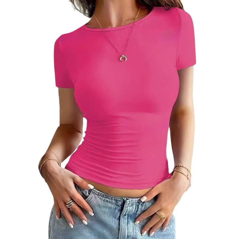 Camiseta corta ajustada — cuello redondo, punto elástico