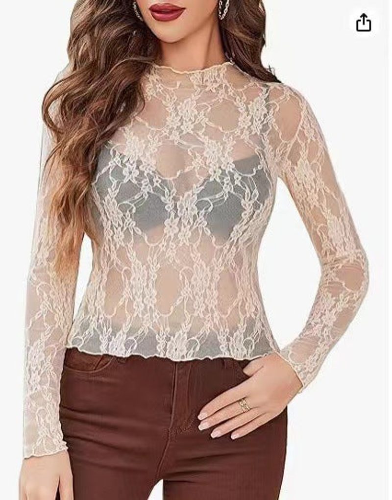 Spitzentop mit Blumenmuster und Stehkragen, komplett transparent — Farben