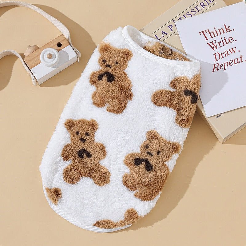 Fleece dog coat with teddy bear print — lined, XS to 9XL