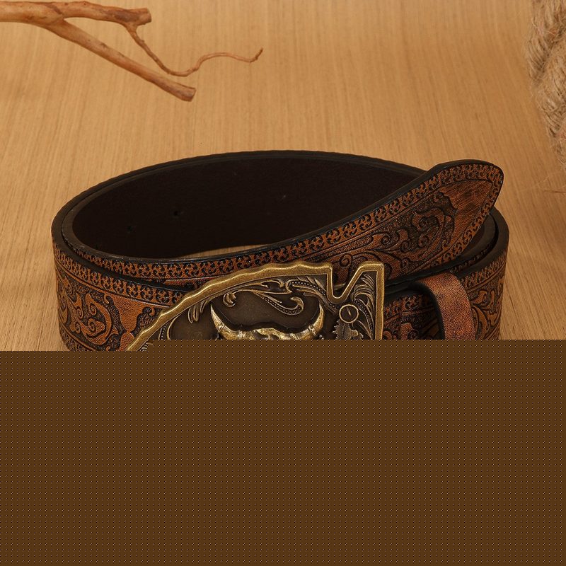 Ceinture western homme en simili cuir repoussé, boucle tête de taureau