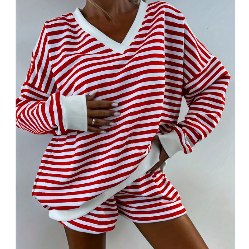 Ensemble d’intérieur rayé — sweat ample col V et short — coloris