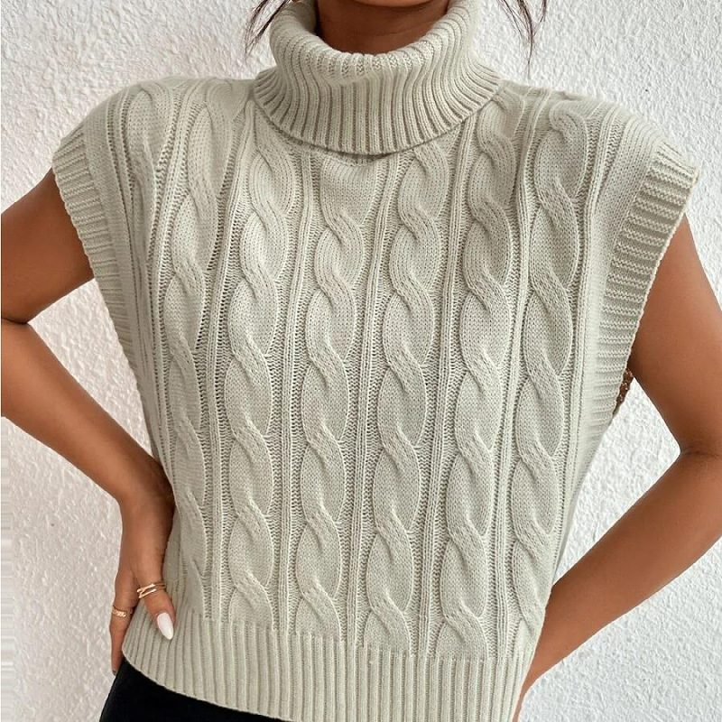 Pull sans manches à col roulé en maille torsadée