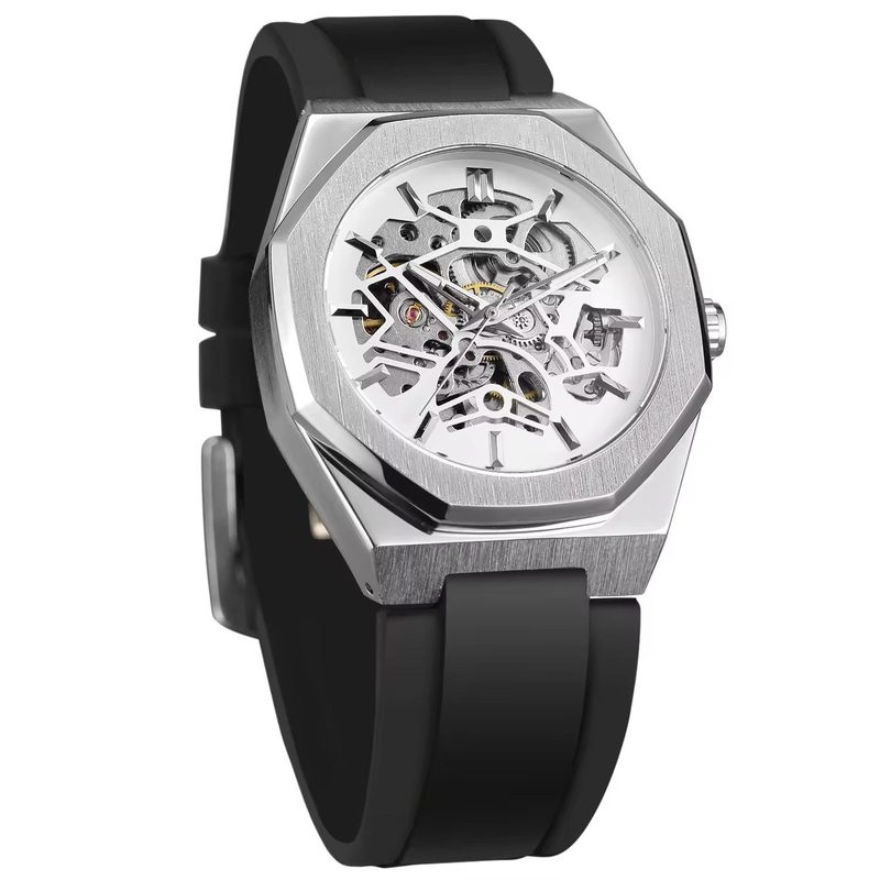 Men's automatic watch with octagonal case and rubber strap
