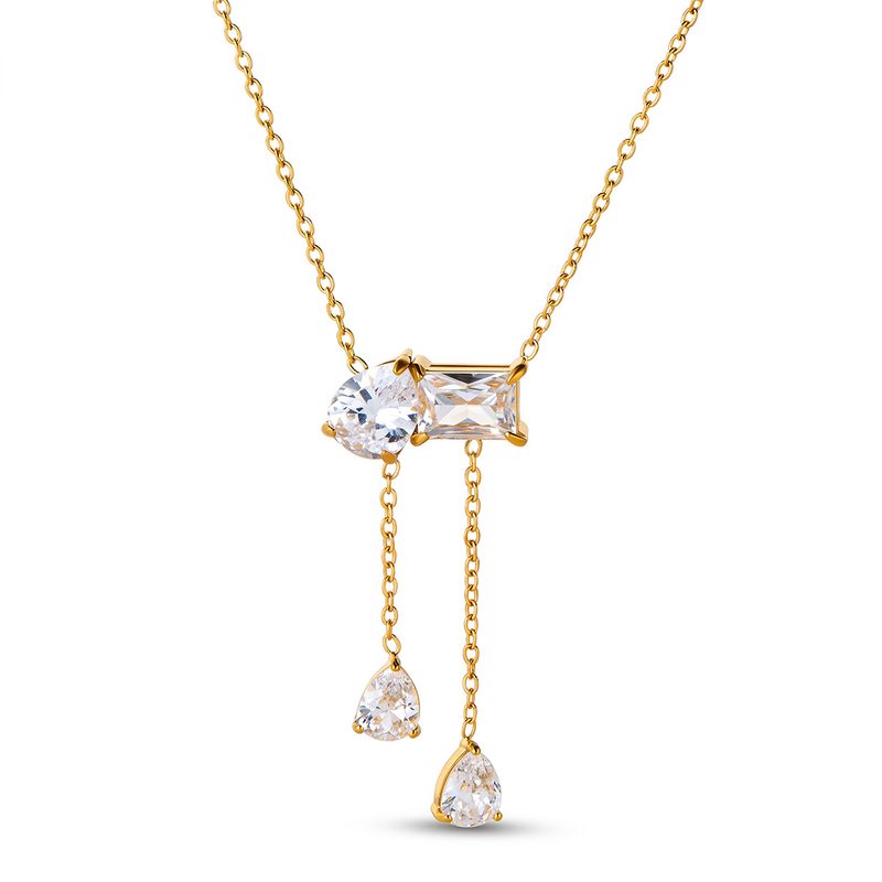 Collier doré à zircons et gouttes pendantes — acier inoxydable
