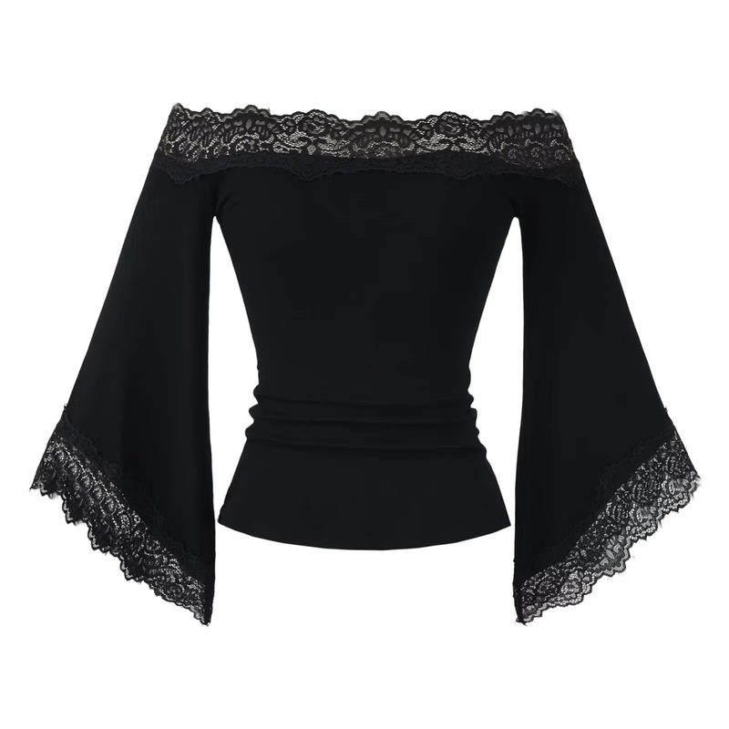 Top com decote Bardot e mangas evasê orladas de renda