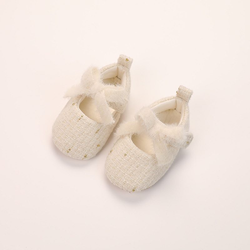 Ballerines bébé fille en tweed crème — nœud duveteux