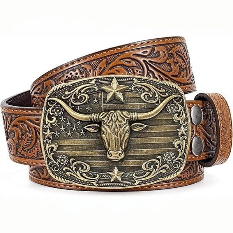 Unisex engraved leather belt — western pattern, for jeans
