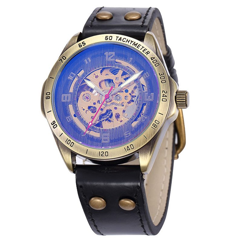 Relógio automático de homem em bronze envelhecido, mostrador azul esqueleto