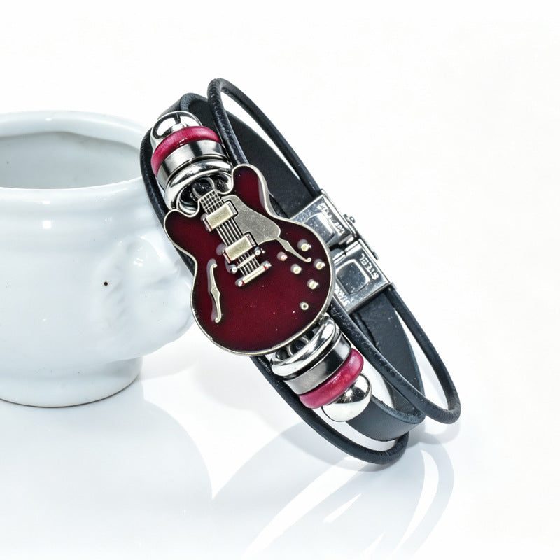 Herrenarmband aus Echtleder mit Gitarrenmotiv — Schnalle aus Titanstahl