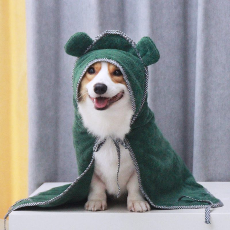 Cape de bain à capuche oreilles d’ourson pour chien — microfibre