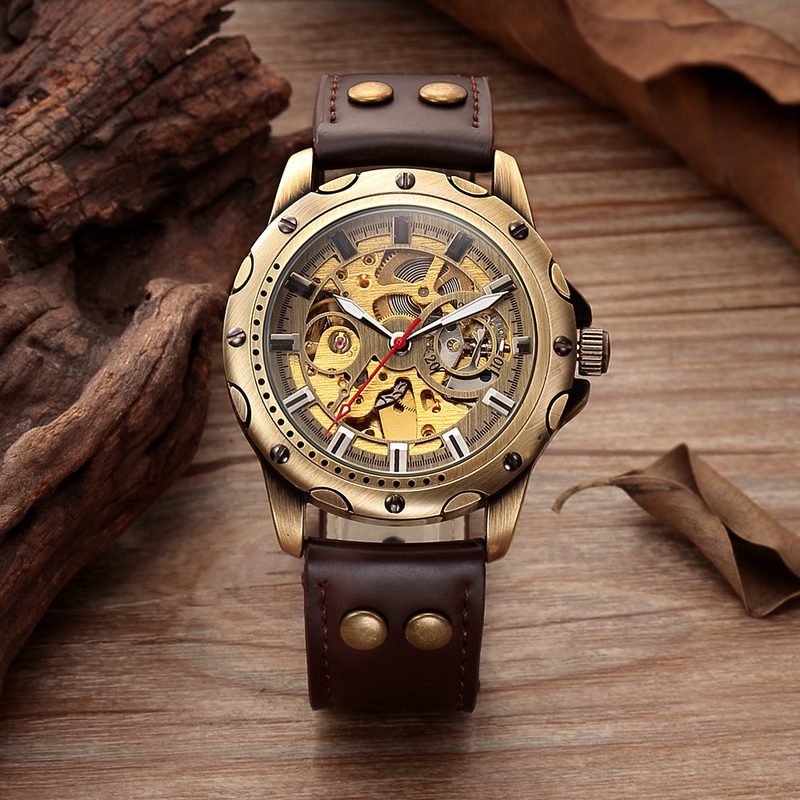 Reloj automático steampunk de hombre, caja de bronce con tornillos a la vista