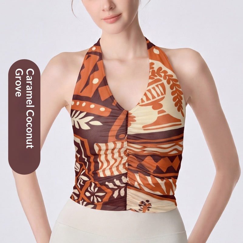 Haltertop met print en geplooide voorkant — met cups — kleur