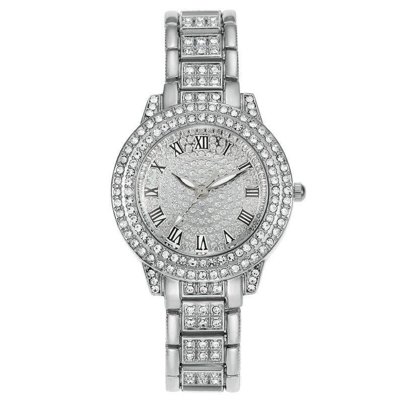 Women's rhinestone-encrusted watch, starry dial and metal bracelet