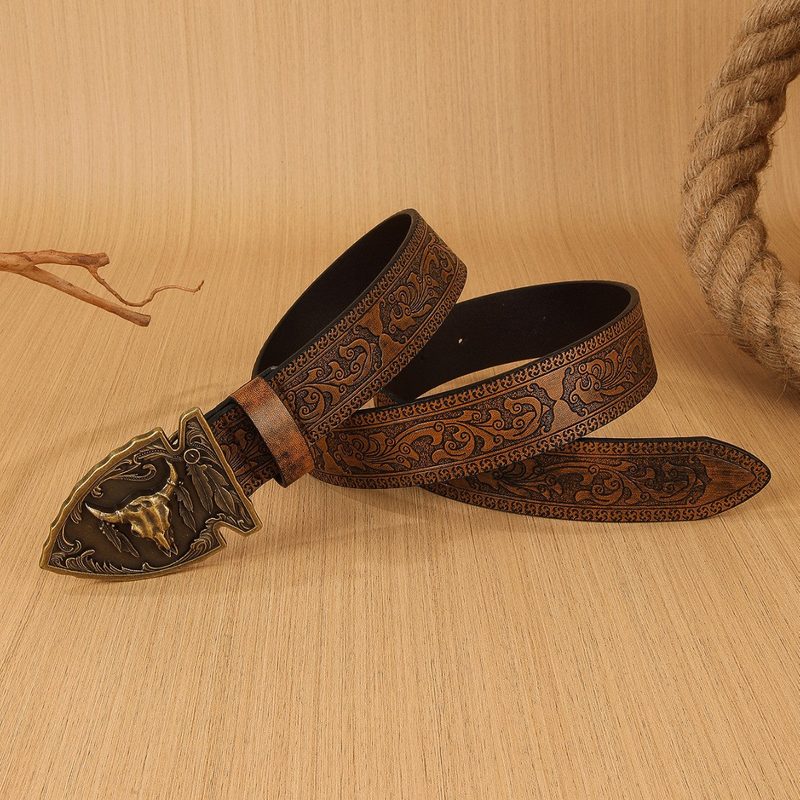 Ceinture western homme en simili cuir repoussé, boucle tête de taureau