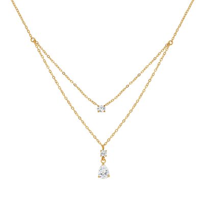 Collier double rang doré — petit zircon et goutte suspendue