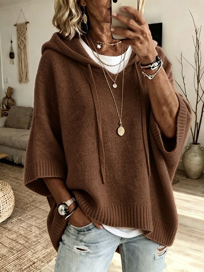 Maglione con cappuccio in maglia, taglio ampio — coulisse — colore