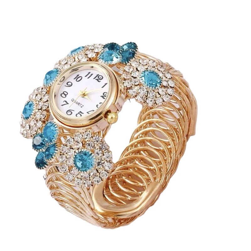 Bangle-horloge dames met bloemen van blauwe strass