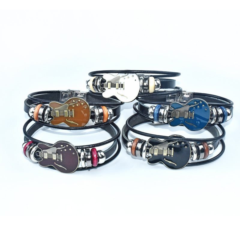 Herrenarmband aus Echtleder mit Gitarrenmotiv — Schnalle aus Titanstahl