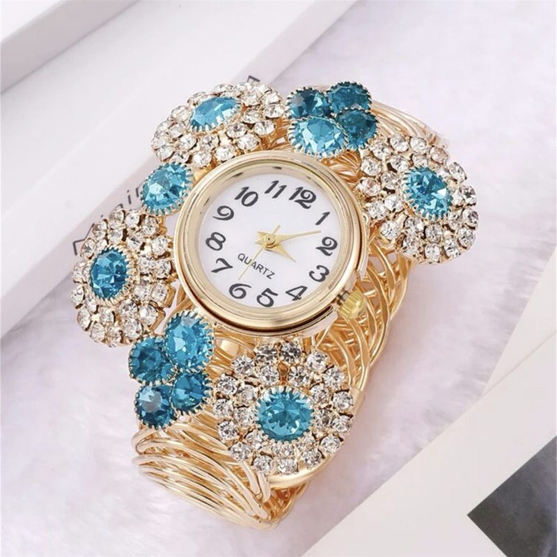 Bangle-horloge dames met bloemen van blauwe strass