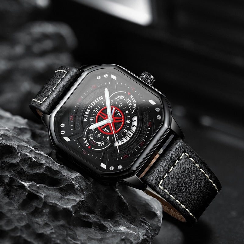 Eckige Herrenuhr mit sportlichem Zifferblatt und Lederarmband