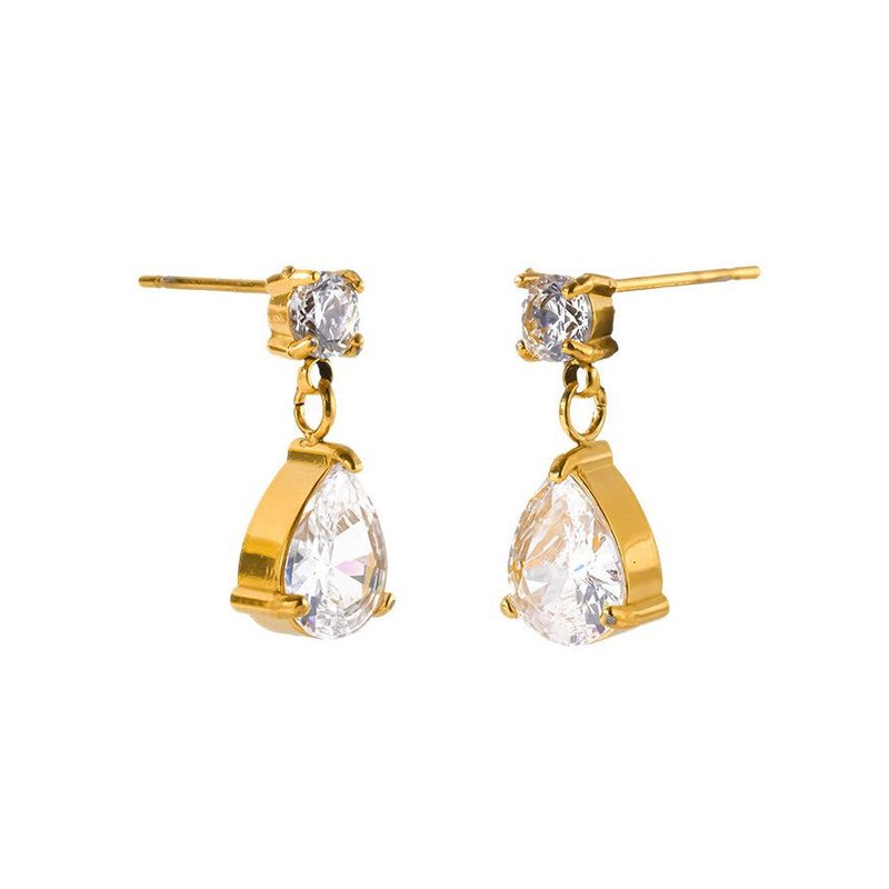 Gold zircon teardrop earrings — stud and drop