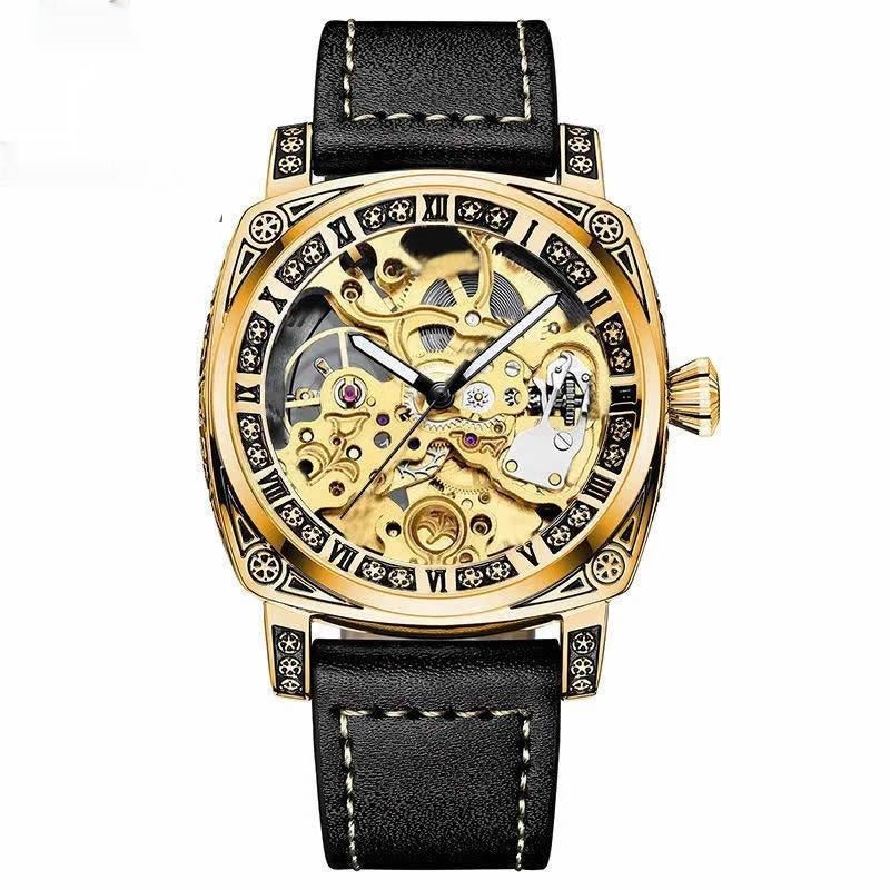 Automatisch herenhorloge met gegraveerde kussenvormige kast en skelet — kleur