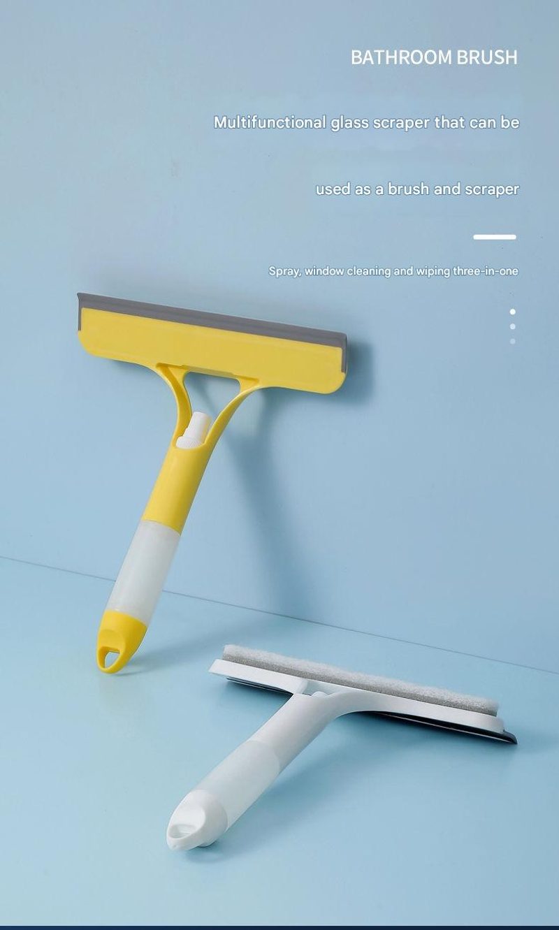 Shower squeegee with built-in brush and wall holder
