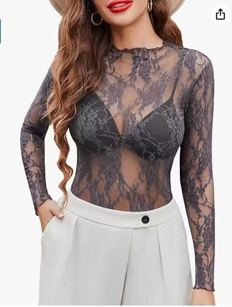 Spitzentop mit Blumenmuster und Stehkragen, komplett transparent — Farben
