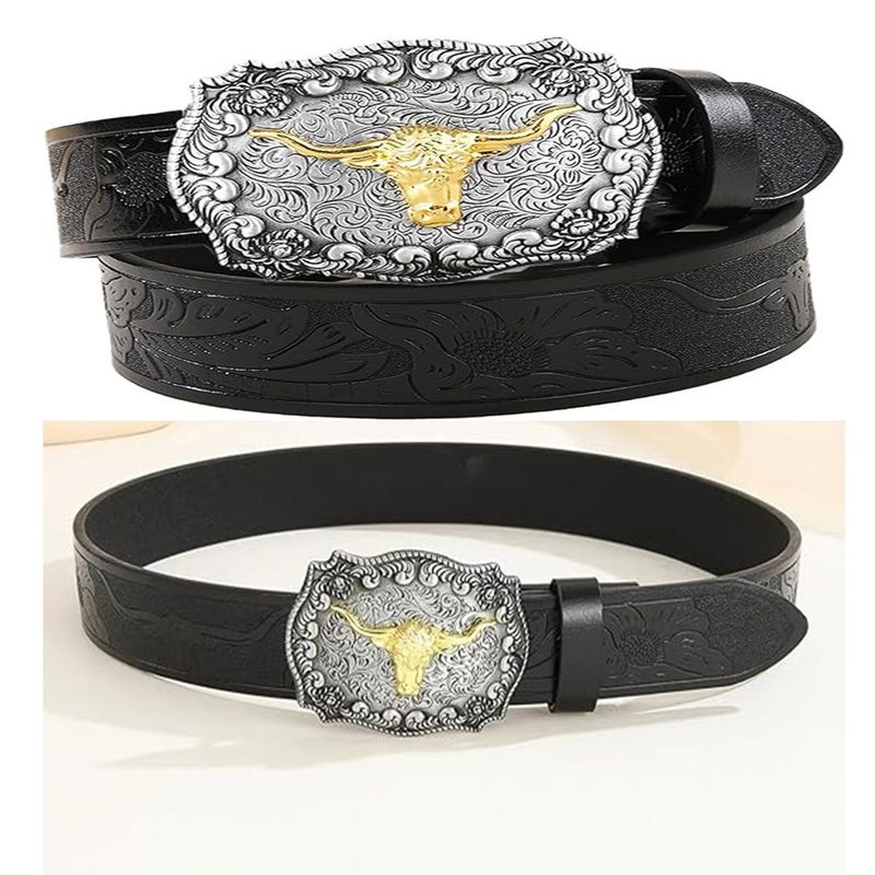 Cinto de homem western com fivela de cabeça de longhorn