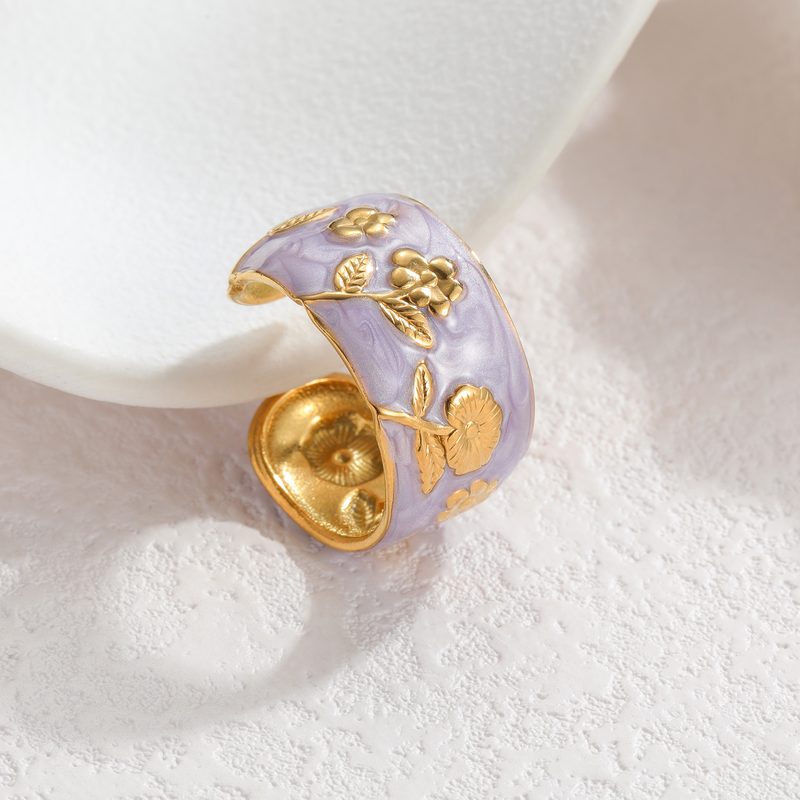 Bague jonc émaillée à roses dorées — acier inoxydable, anneau ouvert