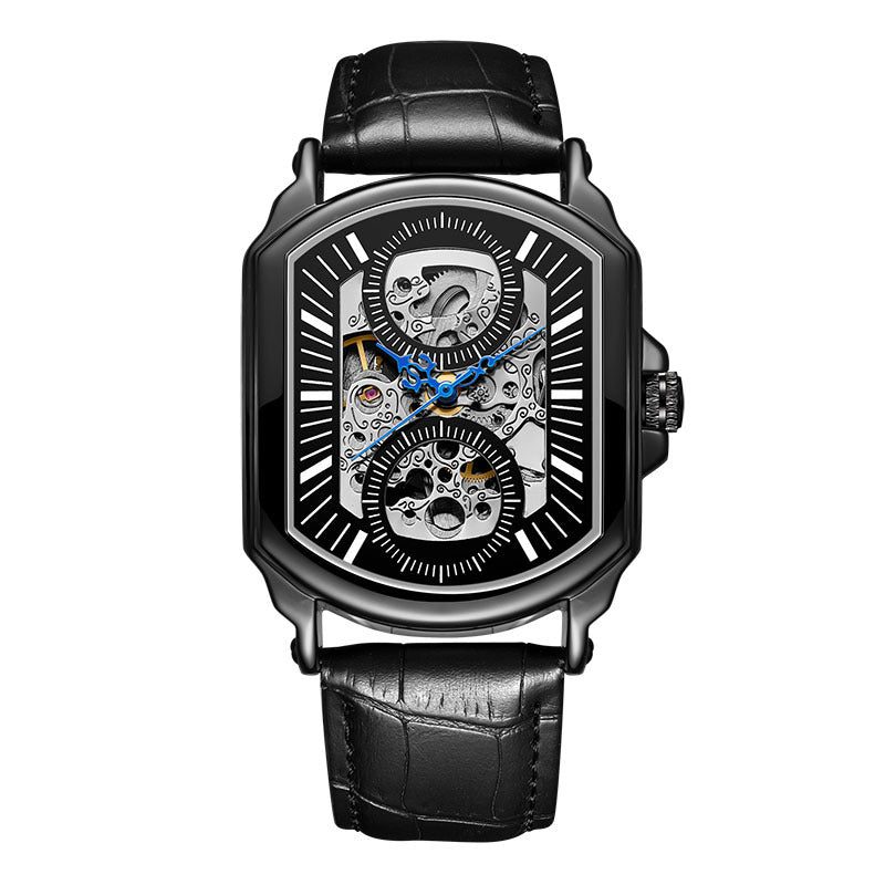 Reloj mecánico rectangular con esfera abierta y correa de piel