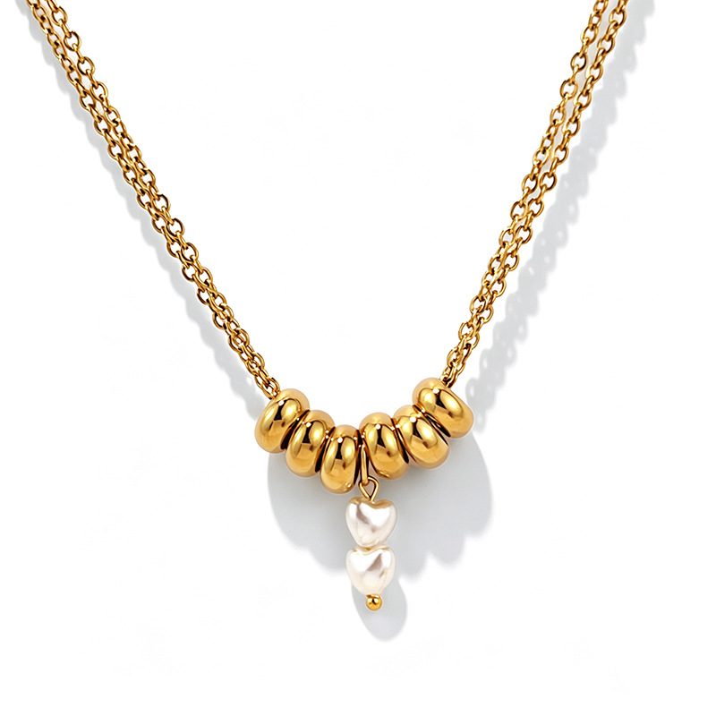 Collier doré à anneaux bombés et perles — double chaîne, acier inoxydable