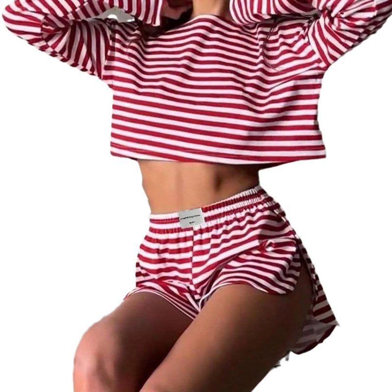 Gestreifter Jersey-Pyjama, Langarmshirt und Shorts
