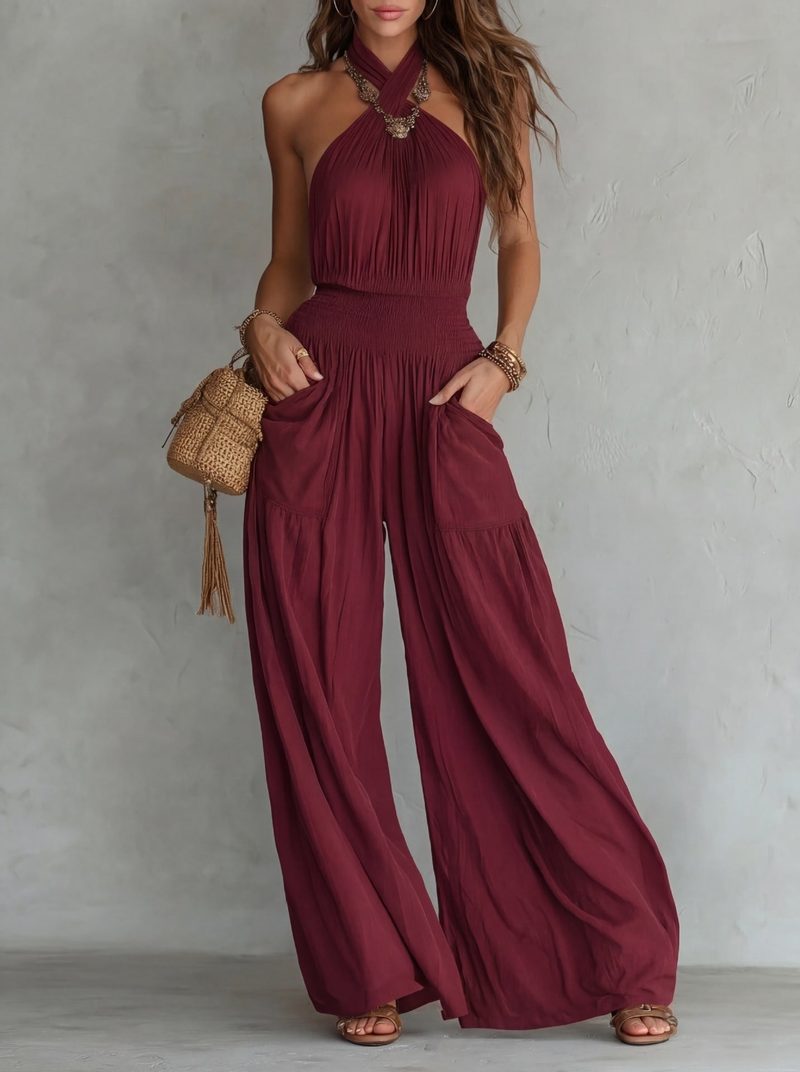 Rückenfreier Jumpsuit mit gereihter Taille und fließendem Bein