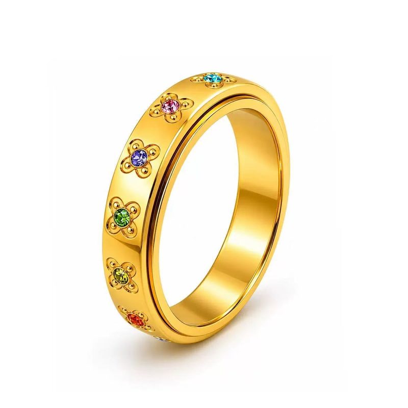Bague à anneau tournant en acier inoxydable — fleurs serties de pierres de couleur