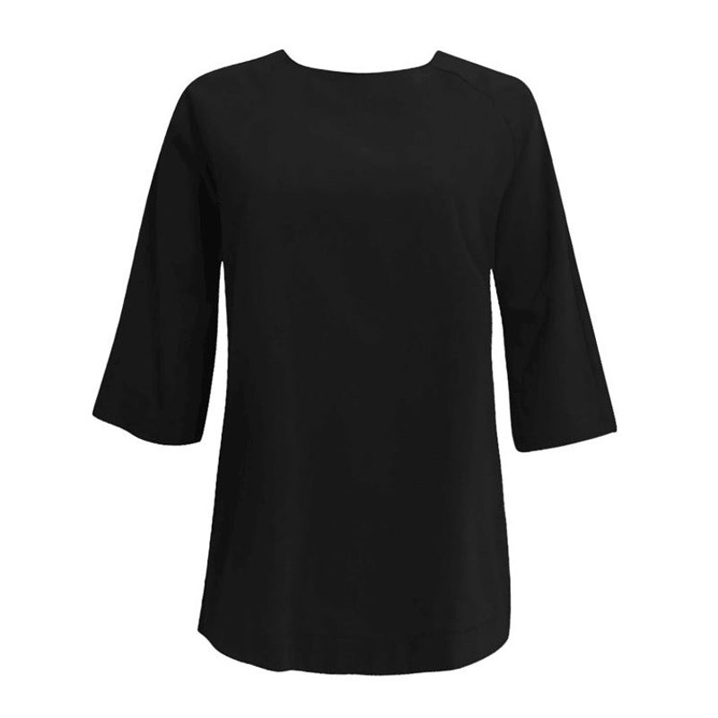 Blusa amplia de cuello redondo y manga tres cuartos — corte trapecio — color