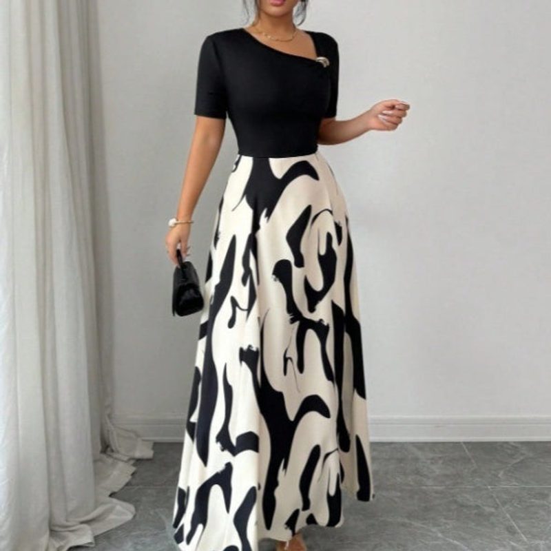 Two-Tone Maxi Dress, Plain Top and Printed Skirt