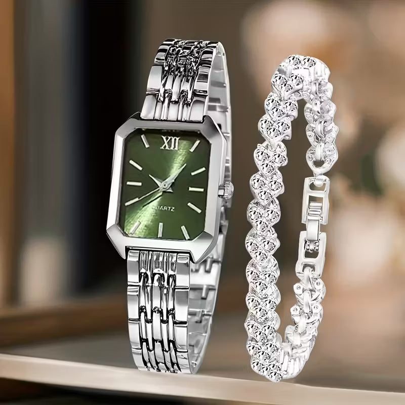 Square watch and rhinestone bracelet set