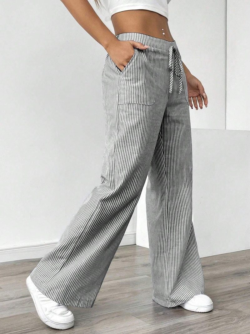 Wide-leg pinstripe trousers, elasticated drawstring waist — colours