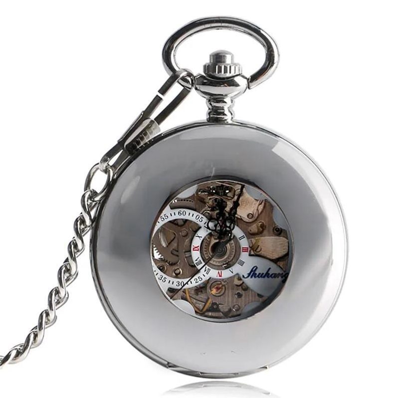 Mechanical pocket watch with scroll-engraved cover and blue dial — colour