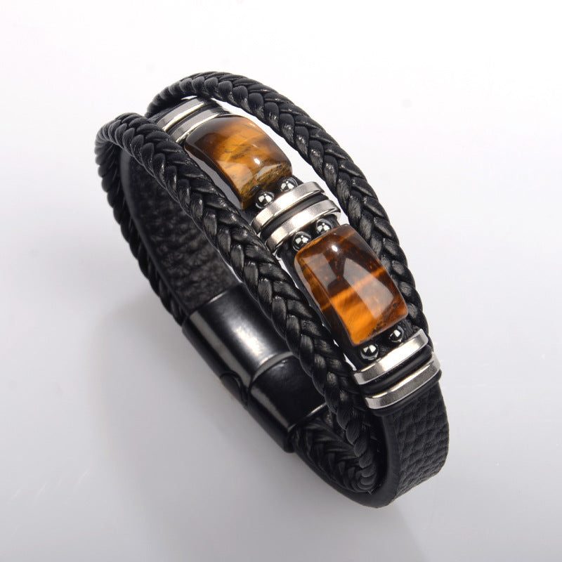 Bracciale uomo multifilo in pelle e occhio di tigre — chiusura in acciaio