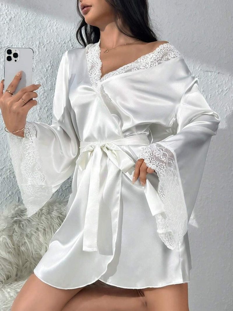 Satin robe with lace-trimmed flared sleeves — colour