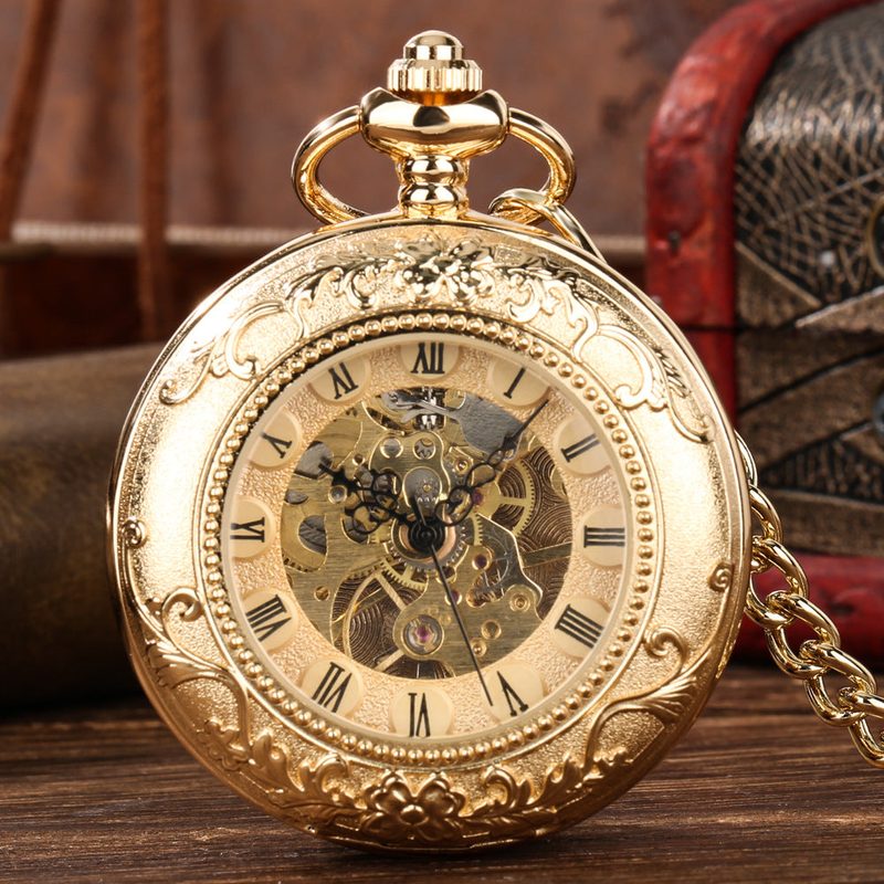 Gold-tone hand-wound pocket watch with engraved decoration
