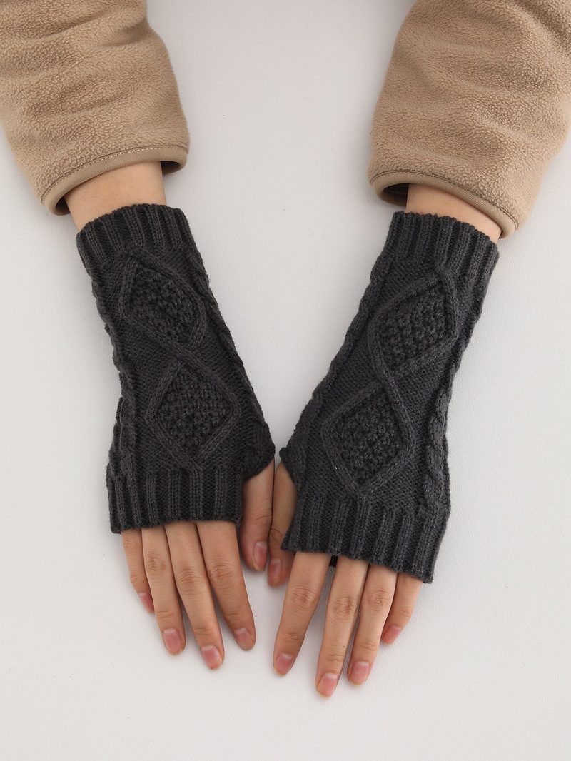 Women's cable knit fingerless gloves — raised diamonds, free fingers