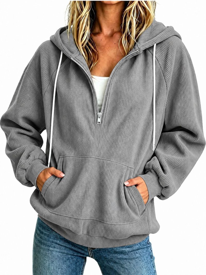 Hoodie mit halbem Reißverschluss — weiter Schnitt, Kordelzug