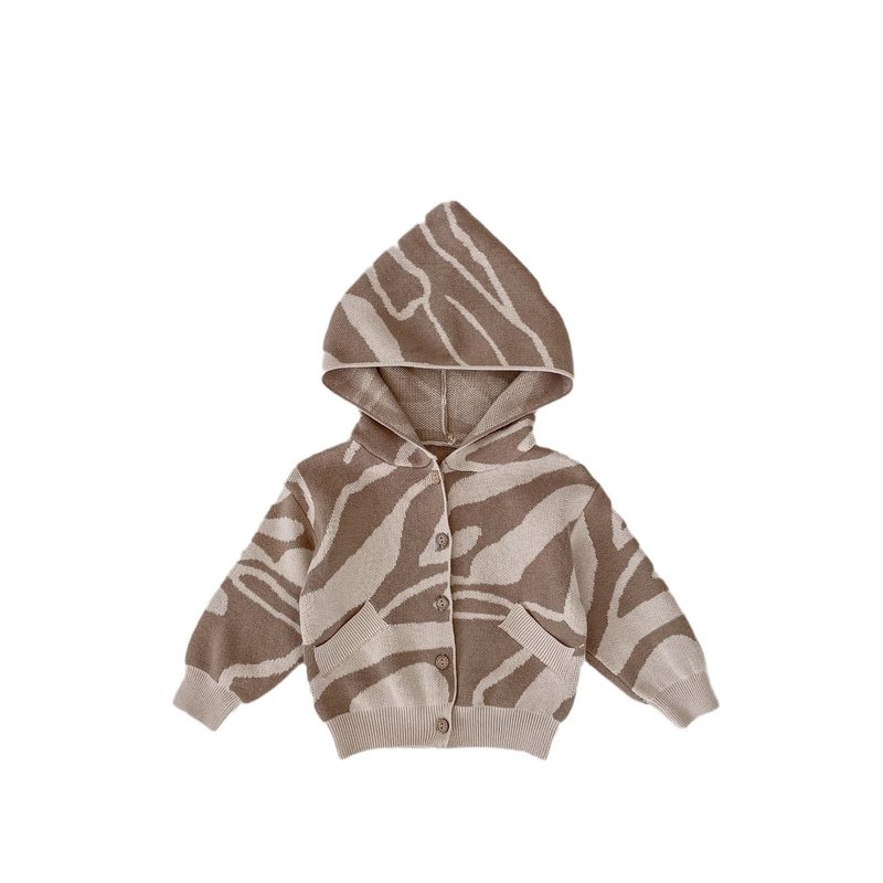 Casaco de malha com capuz para bebé em jacquard — padrão zebra taupe e cru
