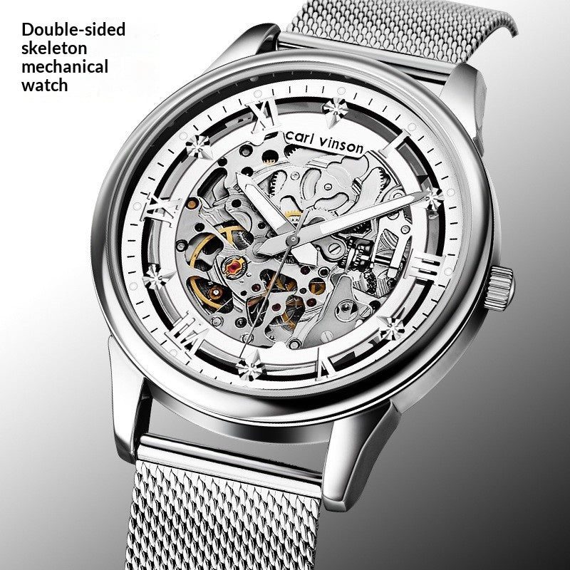 Automatic skeleton watch with steel mesh strap