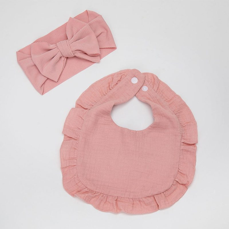 Bavoir à volants en gaze de coton et bandeau nœud assorti