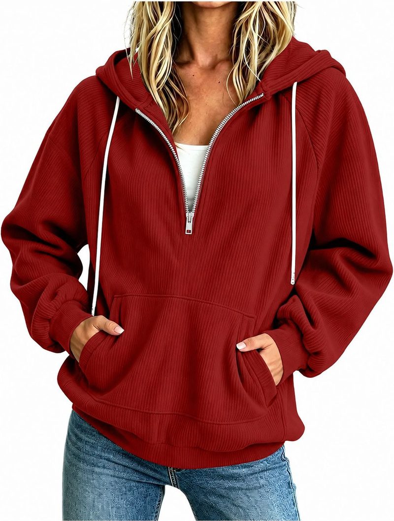 Hoodie mit halbem Reißverschluss — weiter Schnitt, Kordelzug — Farbe